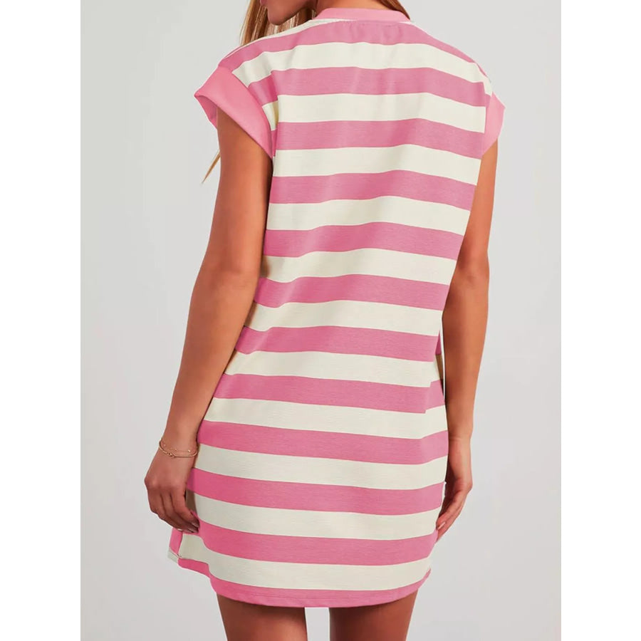 Full Size Casual Striped Short Sleeve Mini Dress Plus Size Apparel and Accessories