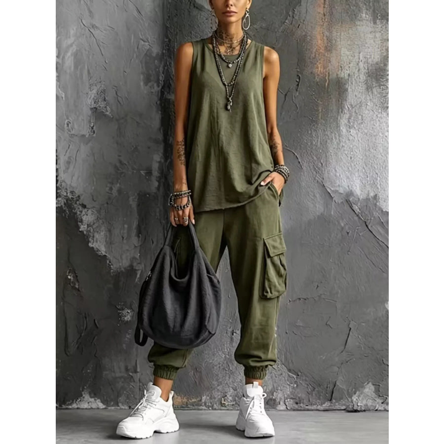 Full Size Casual Tank and Cargo Pants Set Plus Size Army Green / S Apparel and Accessories