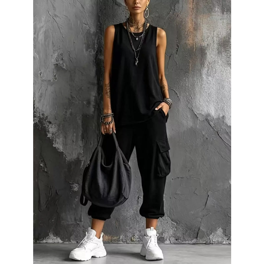 Full Size Casual Tank and Cargo Pants Set Plus Size Black / S Apparel and Accessories
