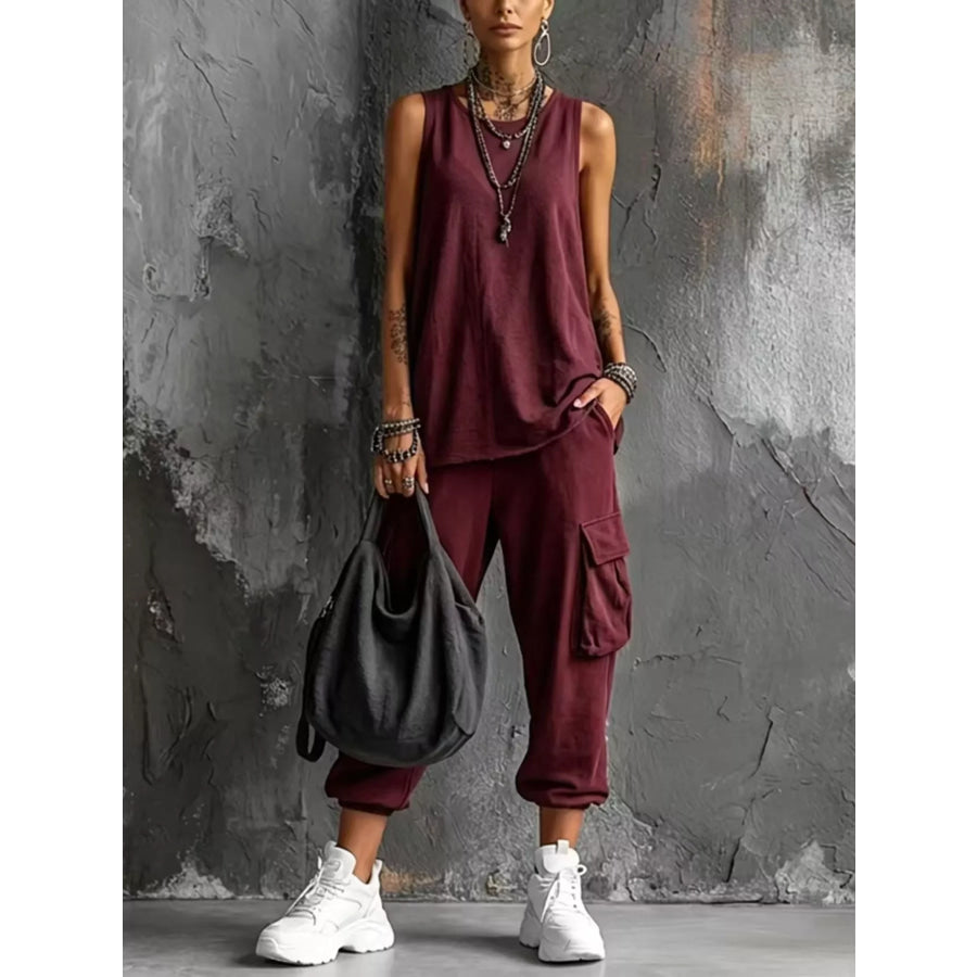Full Size Casual Tank and Cargo Pants Set Plus Size Burgundy / S Apparel and Accessories