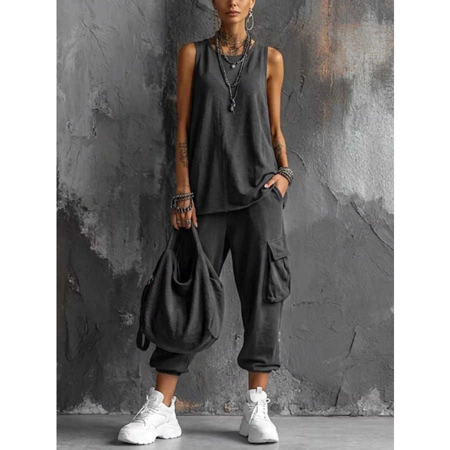 Full Size Casual Tank and Cargo Pants Set Plus Size Dark Gray / S Apparel and Accessories