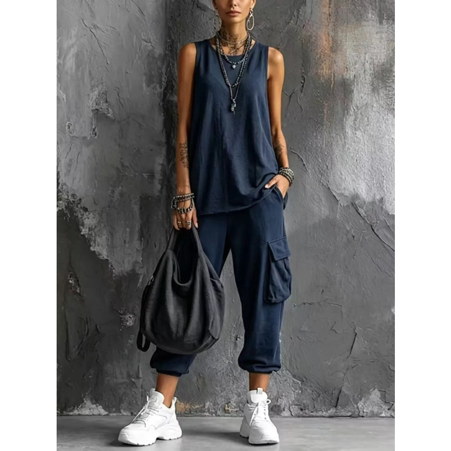 Full Size Casual Tank and Cargo Pants Set Plus Size Navy Blue / S Apparel and Accessories