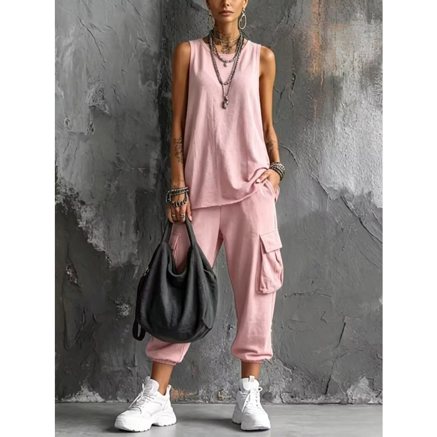 Full Size Casual Tank and Cargo Pants Set Plus Size Pink / S Apparel and Accessories