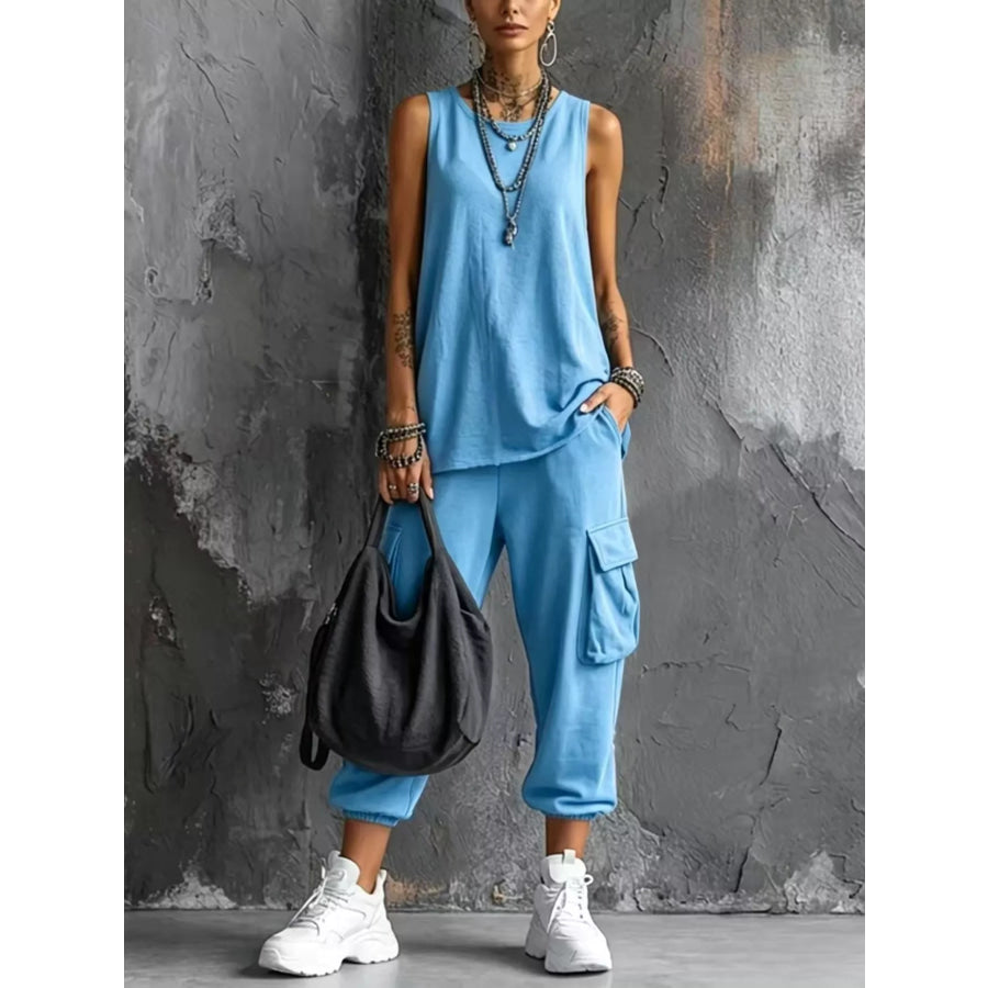Full Size Casual Tank and Cargo Pants Set Plus Size Sky Blue / S Apparel and Accessories