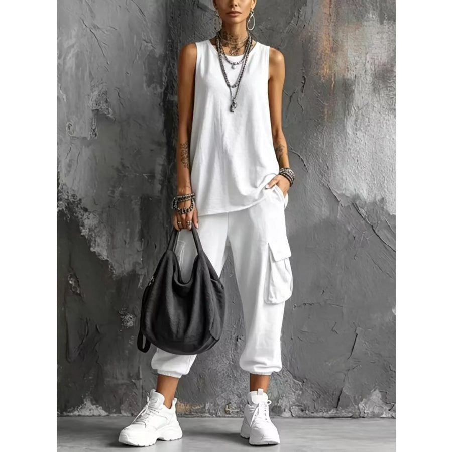 Full Size Casual Tank and Cargo Pants Set Plus Size White / S Apparel and Accessories
