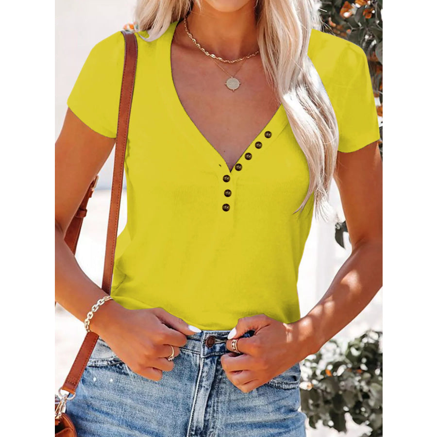 Full Size Casual V-Neck Button Detail T-Shirt Plus Size Yellow / S Apparel and Accessories