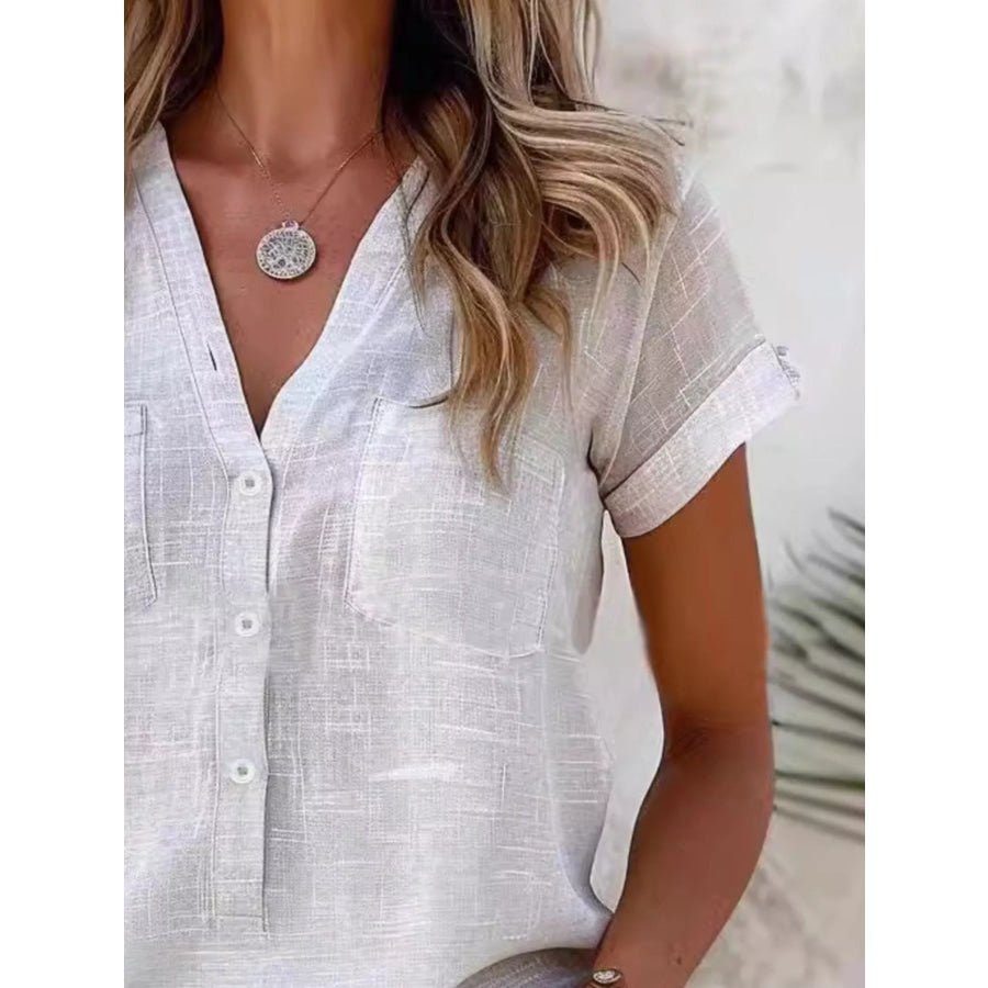Full Size Casual V-Neck Button-Up Top Plus Size Apparel and Accessories