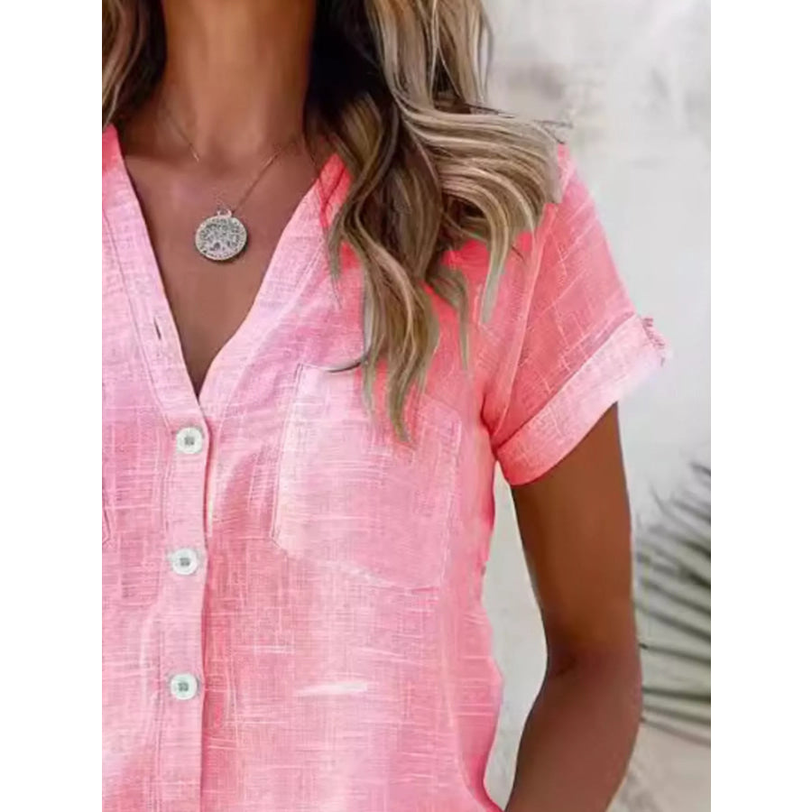 Full Size Casual V-Neck Button-Up Top Plus Size Apparel and Accessories