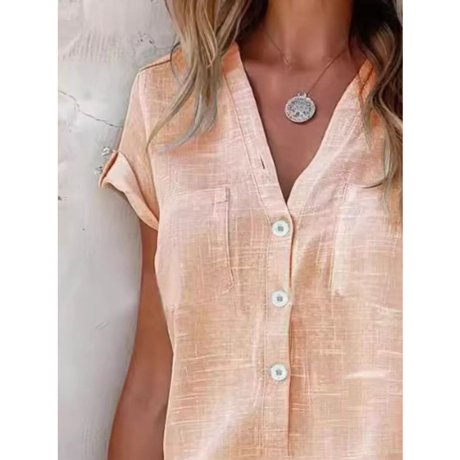 Full Size Casual V-Neck Button-Up Top Plus Size Apparel and Accessories