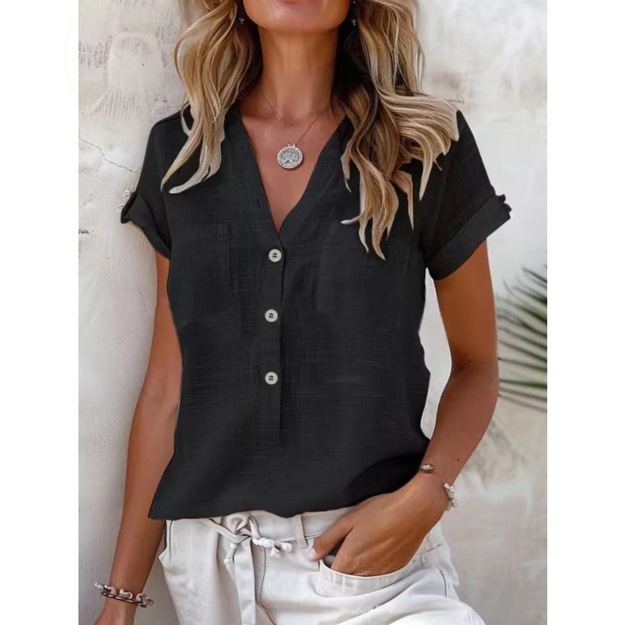 Full Size Casual V-Neck Button-Up Top Plus Size Black / S Apparel and Accessories