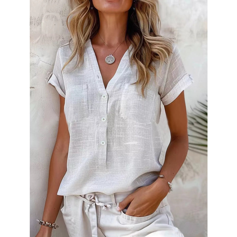 Full Size Casual V-Neck Button-Up Top Plus Size Granny Grey / S Apparel and Accessories