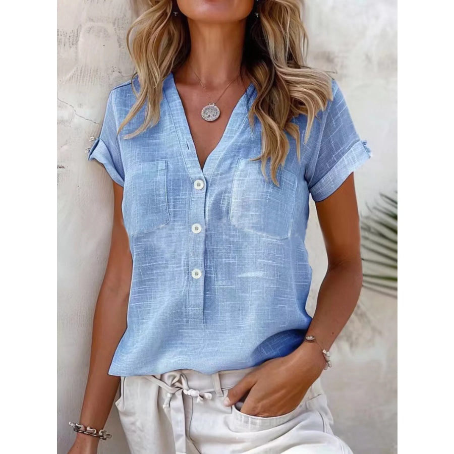 Full Size Casual V-Neck Button-Up Top Plus Size Light Blue / S Apparel and Accessories