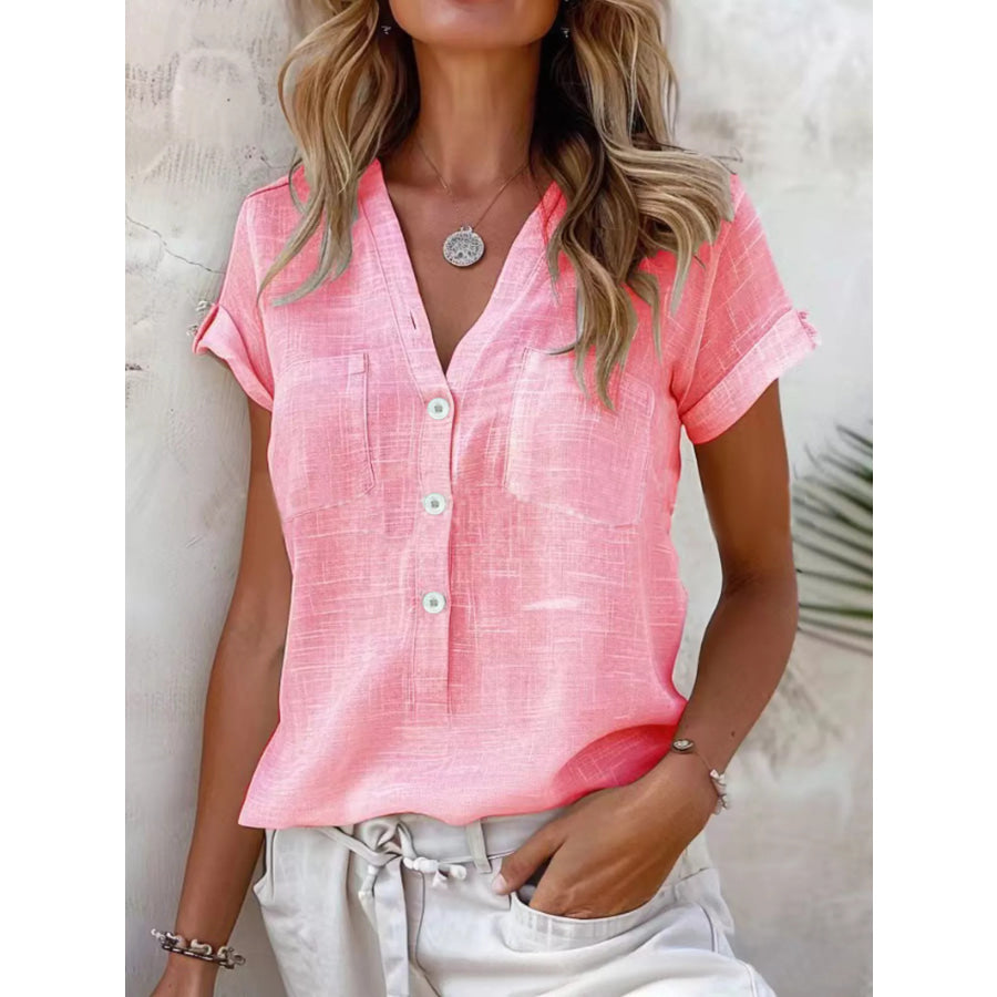 Full Size Casual V-Neck Button-Up Top Plus Size Pink / S Apparel and Accessories