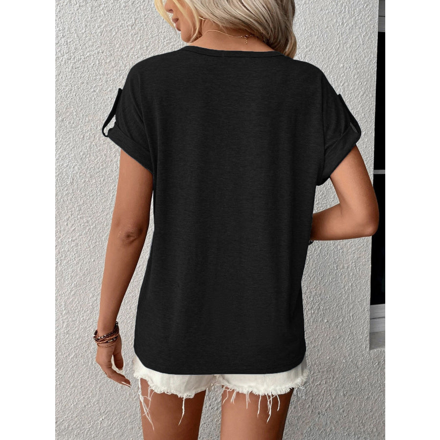 Full Size Casual V-Neck Henley Top with Rolled Sleeves Plus Size Apparel and Accessories