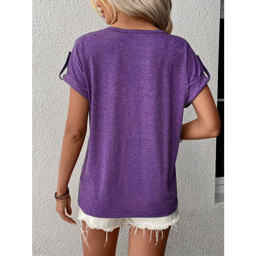 Full Size Casual V-Neck Henley Top with Rolled Sleeves Plus Size Apparel and Accessories