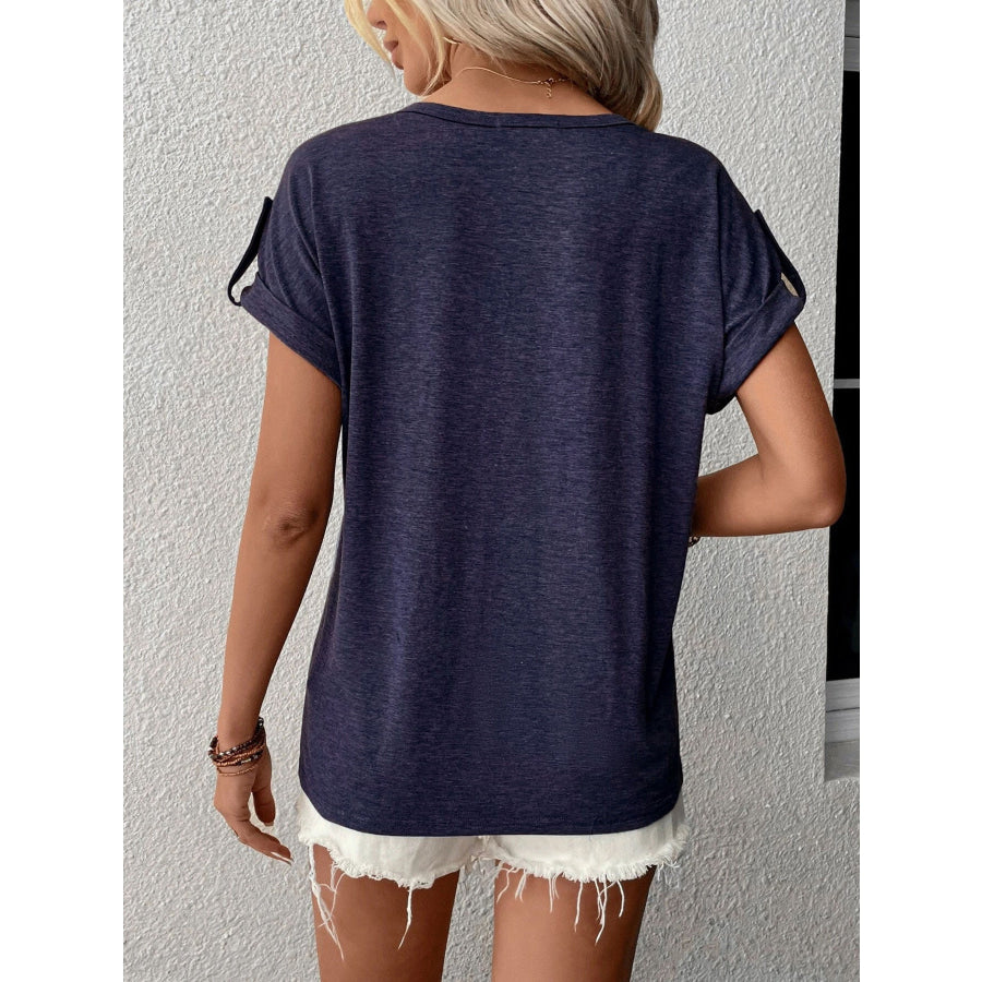 Full Size Casual V-Neck Henley Top with Rolled Sleeves Plus Size Apparel and Accessories