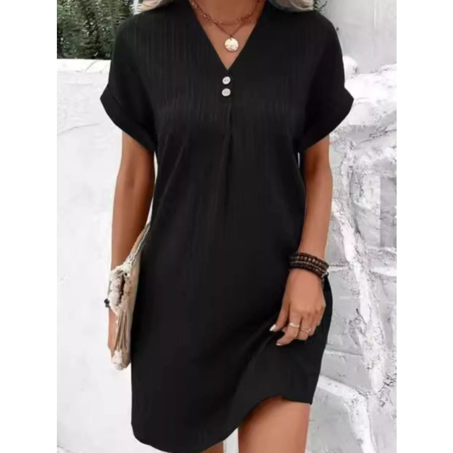 Full Size Casual V-Neck Short Sleeve Dress Plus Size Black / S Apparel and Accessories