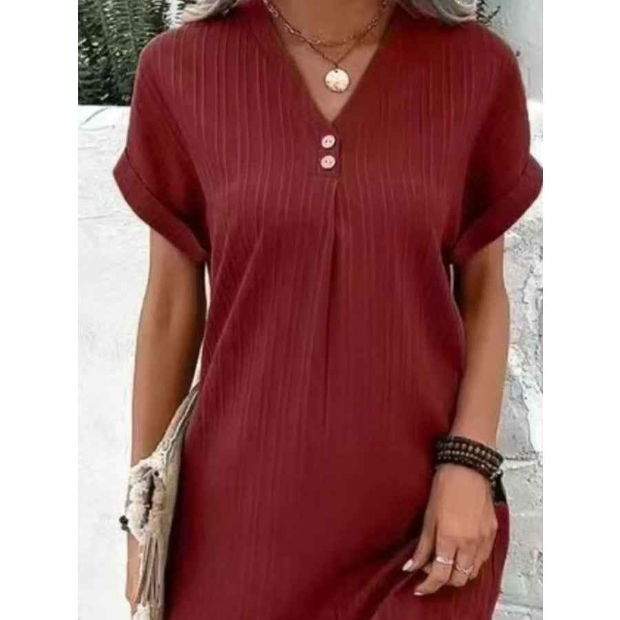 Full Size Casual V-Neck Short Sleeve Dress Plus Size Deep Red / S Apparel and Accessories