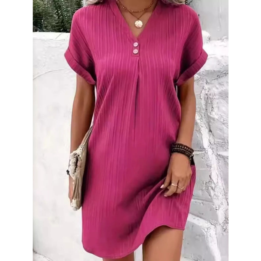 Full Size Casual V-Neck Short Sleeve Dress Plus Size Red / S Apparel and Accessories