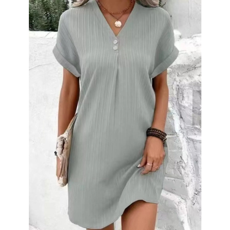 Full Size Casual V-Neck Short Sleeve Dress Plus Size Silver / S Apparel and Accessories