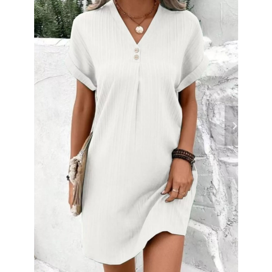 Full Size Casual V-Neck Short Sleeve Dress Plus Size White / S Apparel and Accessories