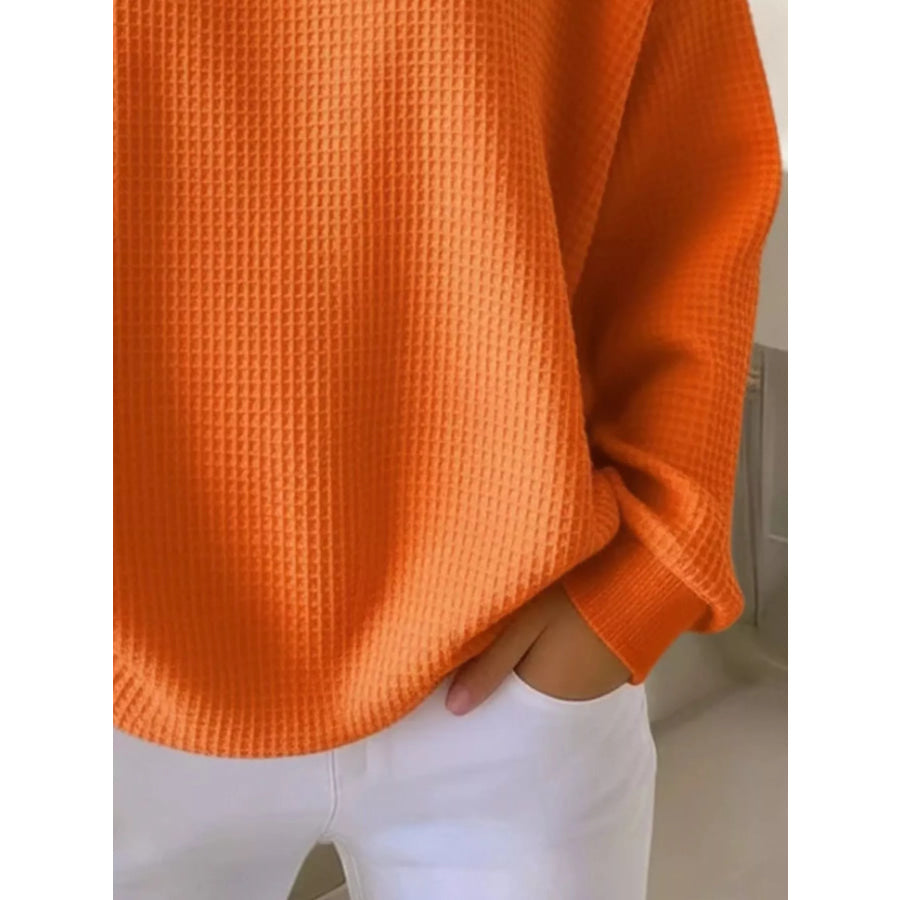 Full Size Casual Waffle Knit Button Detail Pullover Plus Size Apparel and Accessories