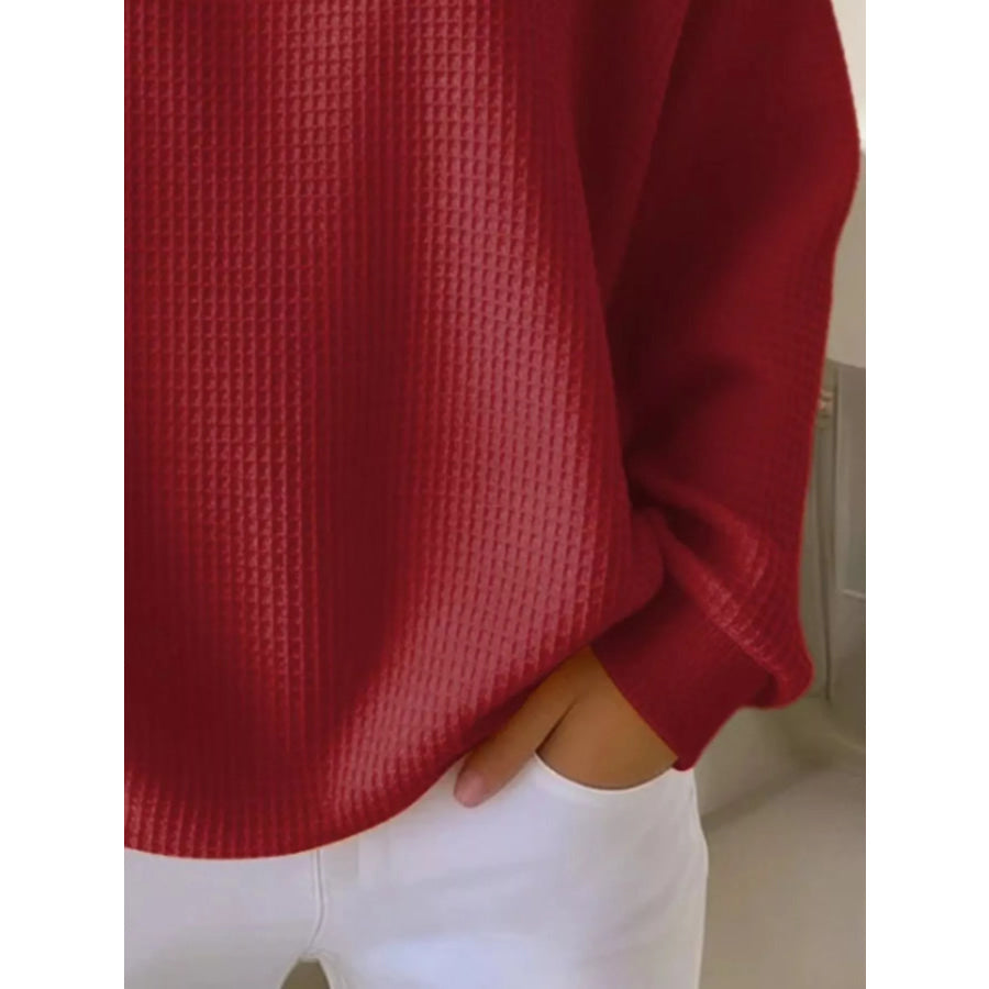 Full Size Casual Waffle Knit Button Detail Pullover Plus Size Apparel and Accessories
