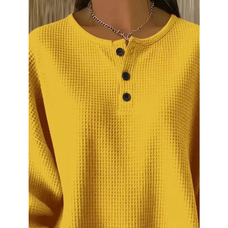 Full Size Casual Waffle Knit Button Detail Pullover Plus Size Apparel and Accessories