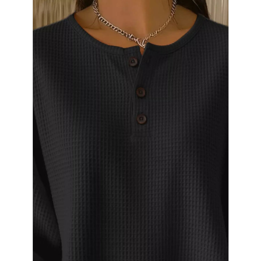 Full Size Casual Waffle Knit Button Detail Pullover Plus Size Apparel and Accessories