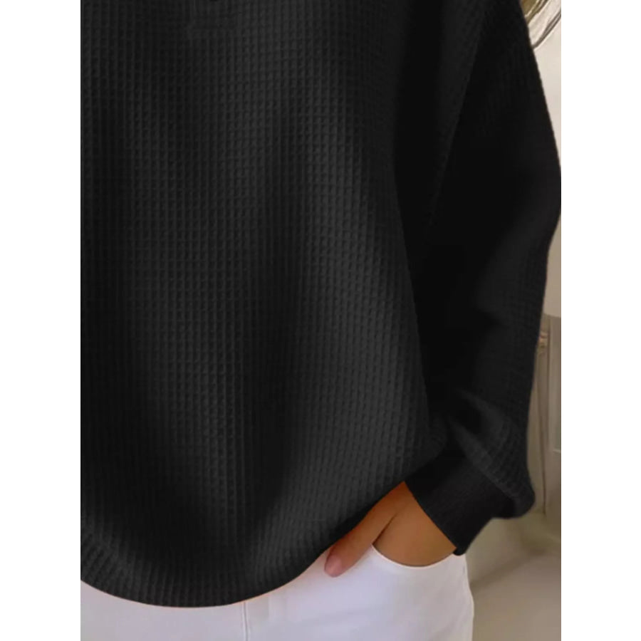 Full Size Casual Waffle Knit Button Detail Pullover Plus Size Apparel and Accessories