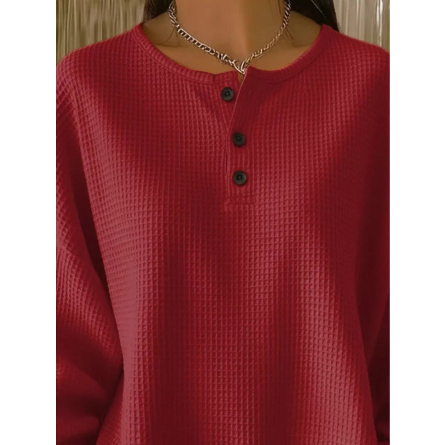 Full Size Casual Waffle Knit Button Detail Pullover Plus Size Apparel and Accessories