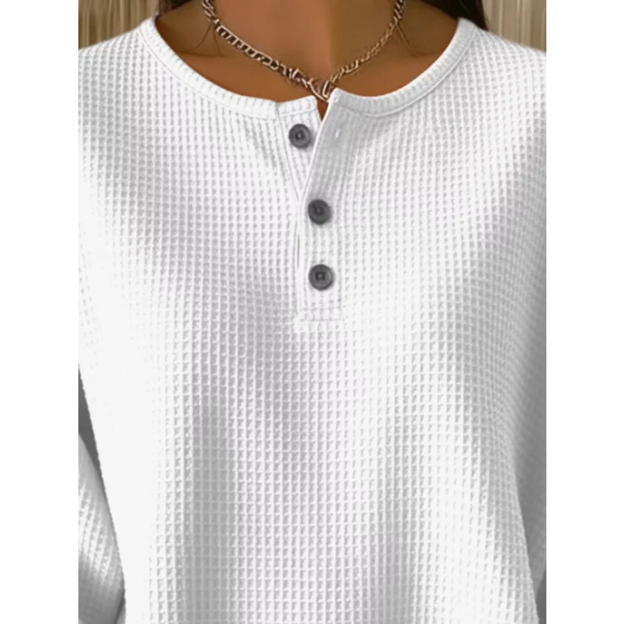 Full Size Casual Waffle Knit Button Detail Pullover Plus Size Apparel and Accessories