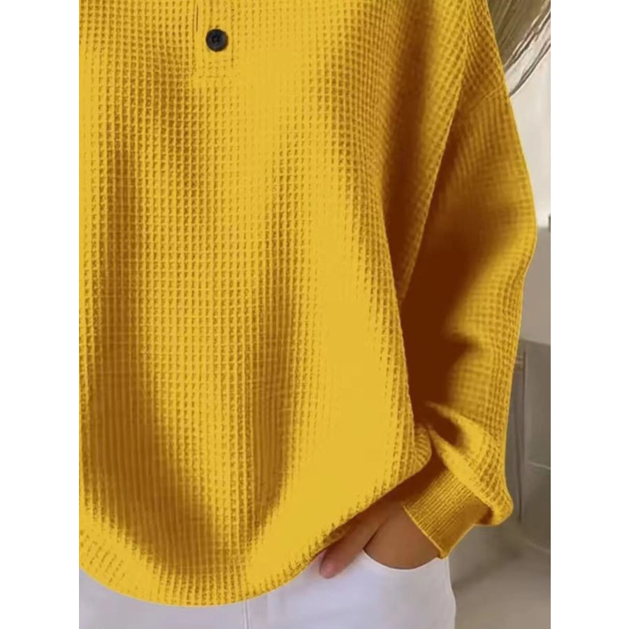 Full Size Casual Waffle Knit Button Detail Pullover Plus Size Apparel and Accessories