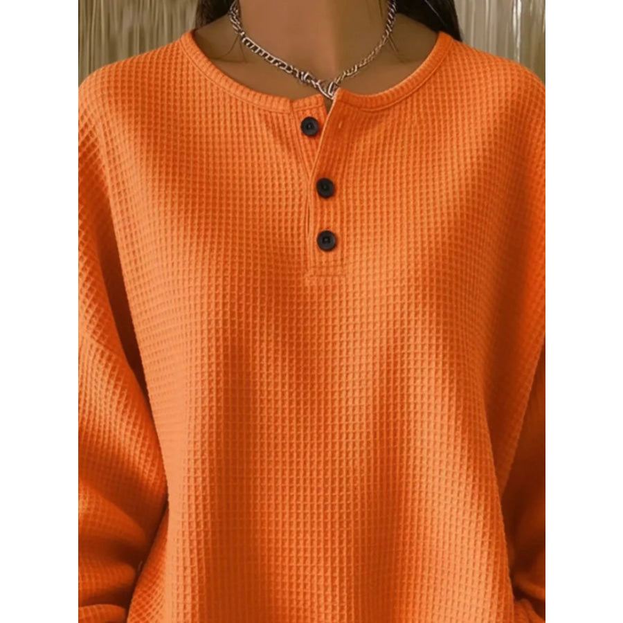 Full Size Casual Waffle Knit Button Detail Pullover Plus Size Apparel and Accessories