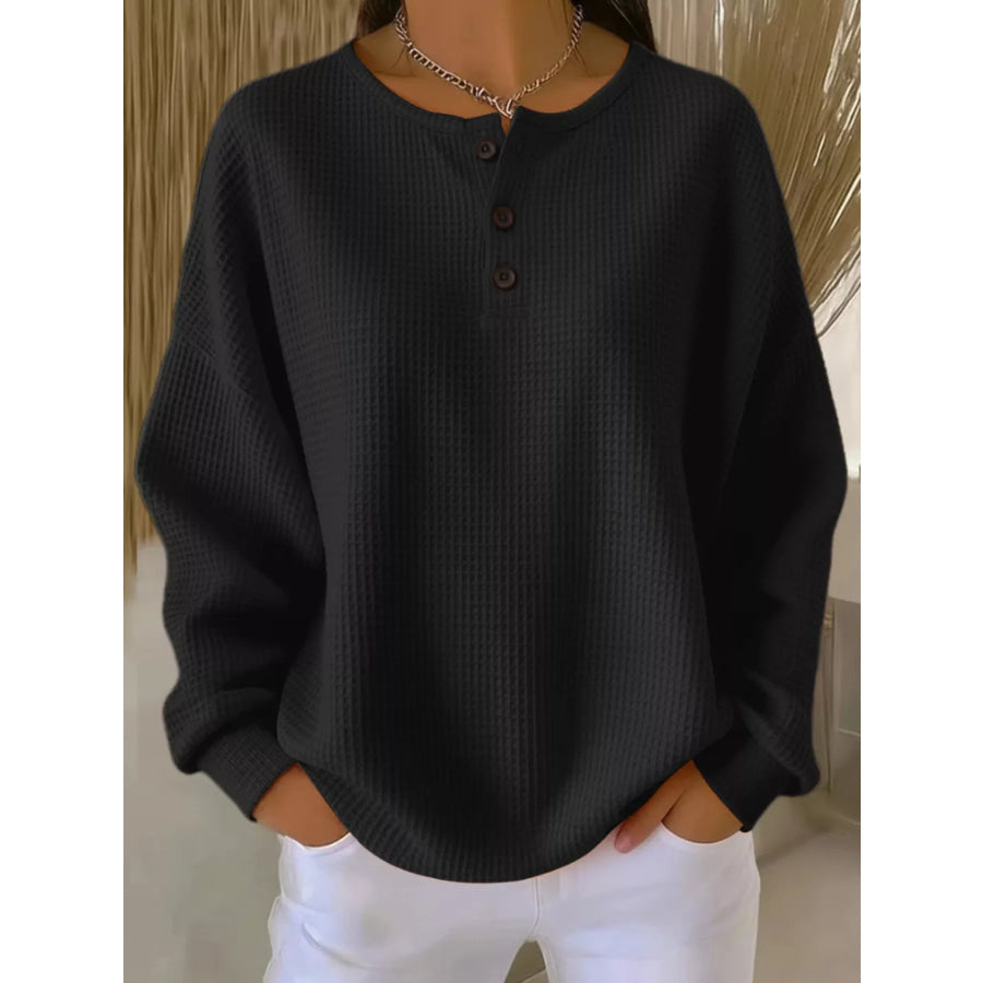 Full Size Casual Waffle Knit Button Detail Pullover Plus Size Black / S Apparel and Accessories