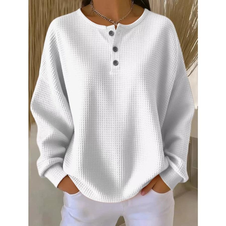 Full Size Casual Waffle Knit Button Detail Pullover Plus Size Gray/white / S Apparel and Accessories