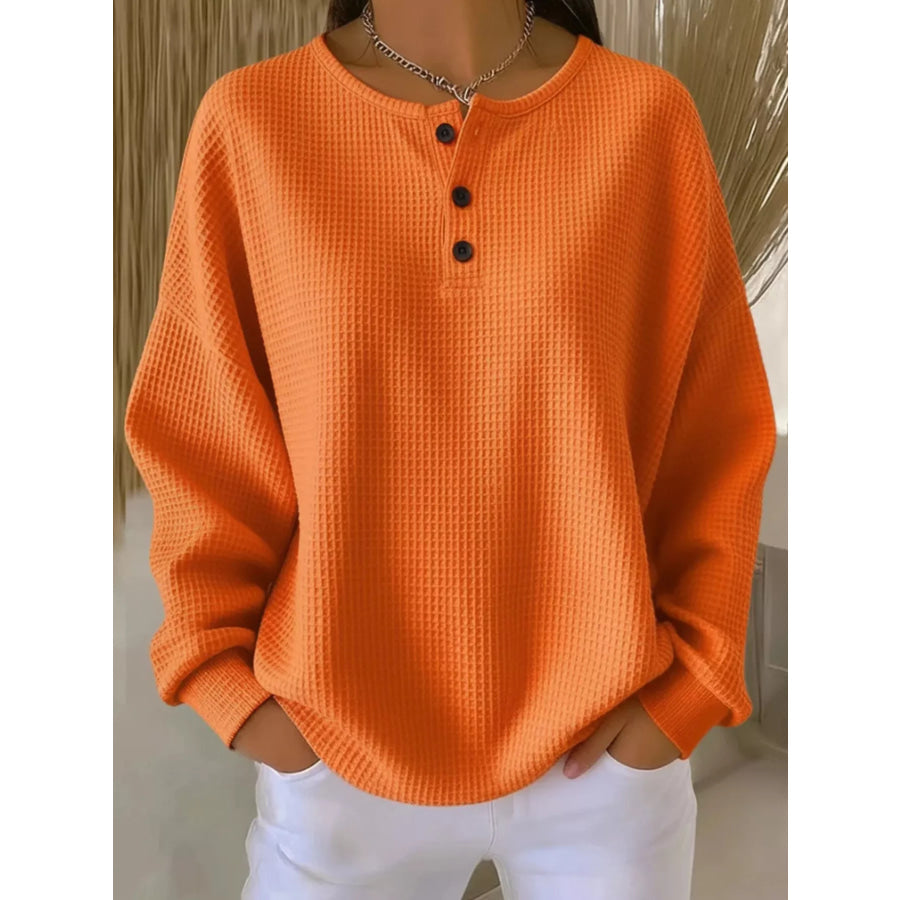 Full Size Casual Waffle Knit Button Detail Pullover Plus Size Orange / S Apparel and Accessories