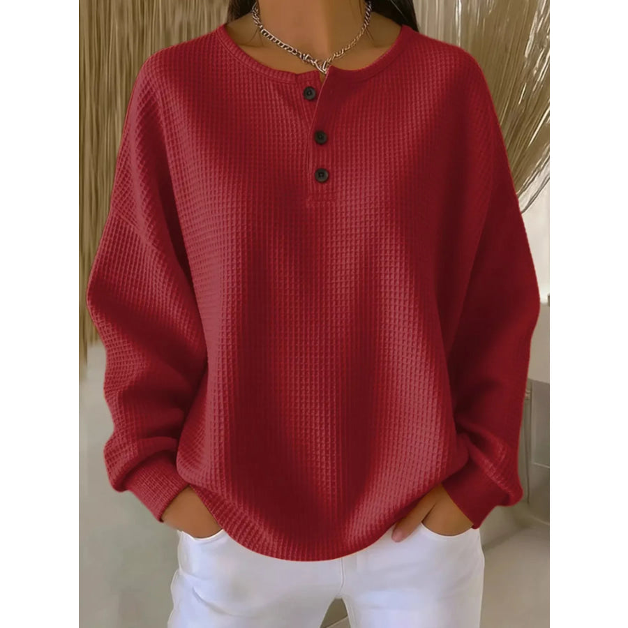 Full Size Casual Waffle Knit Button Detail Pullover Plus Size Red / S Apparel and Accessories