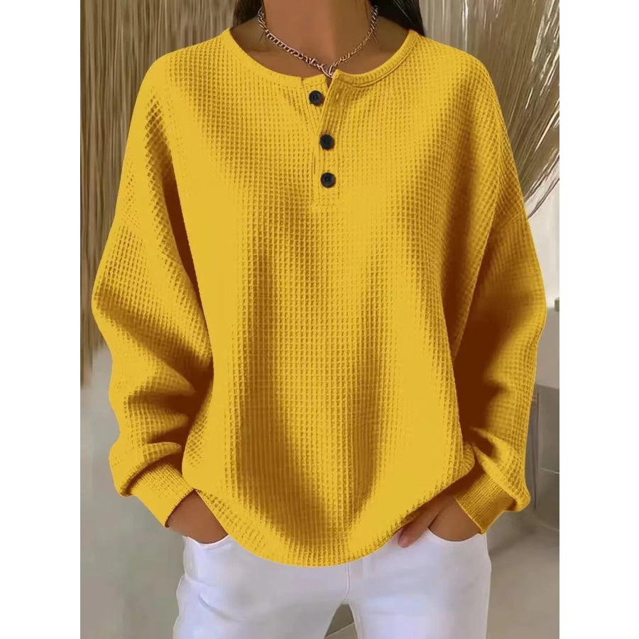 Full Size Casual Waffle Knit Button Detail Pullover Plus Size Yellow / S Apparel and Accessories