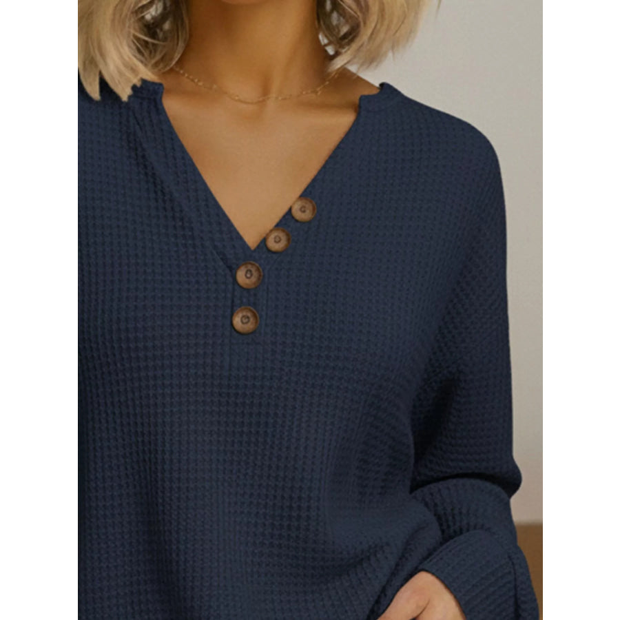 Full Size Casual Waffle Knit Long Sleeve T-Shirt Plus Size Apparel and Accessories