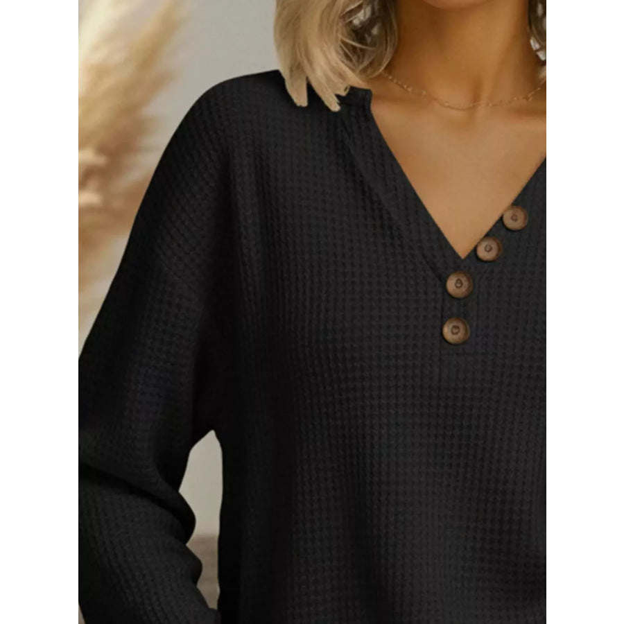 Full Size Casual Waffle Knit Long Sleeve T-Shirt Plus Size Apparel and Accessories
