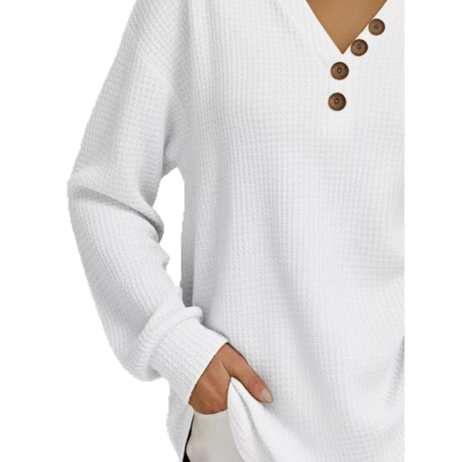 Full Size Casual Waffle Knit Long Sleeve T-Shirt Plus Size Apparel and Accessories