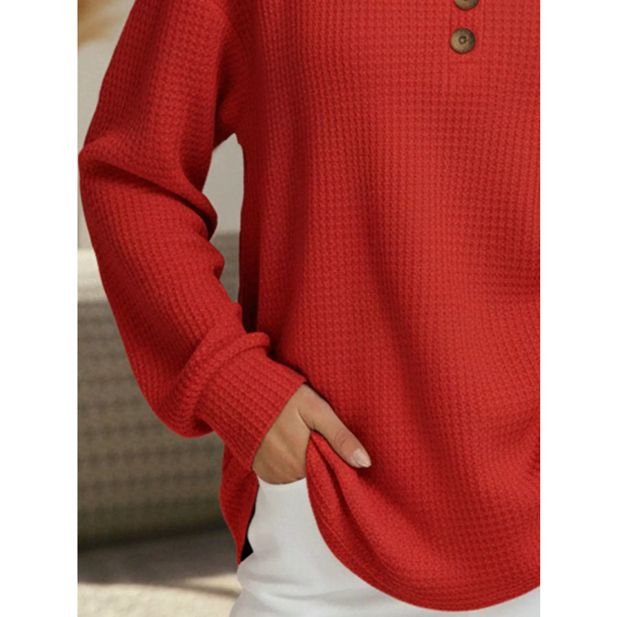 Full Size Casual Waffle Knit Long Sleeve T-Shirt Plus Size Apparel and Accessories