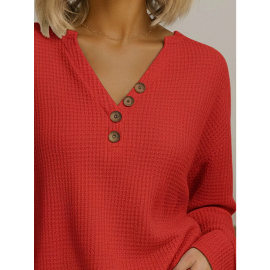 Full Size Casual Waffle Knit Long Sleeve T-Shirt Plus Size Apparel and Accessories