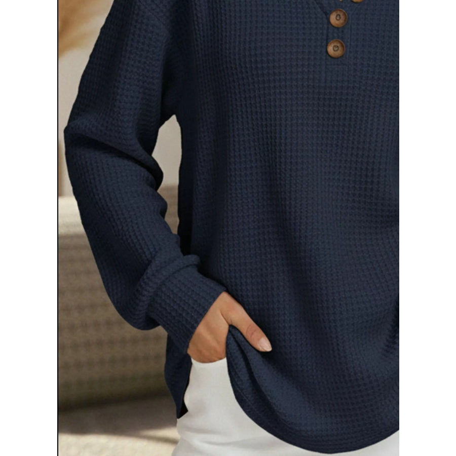 Full Size Casual Waffle Knit Long Sleeve T-Shirt Plus Size Apparel and Accessories