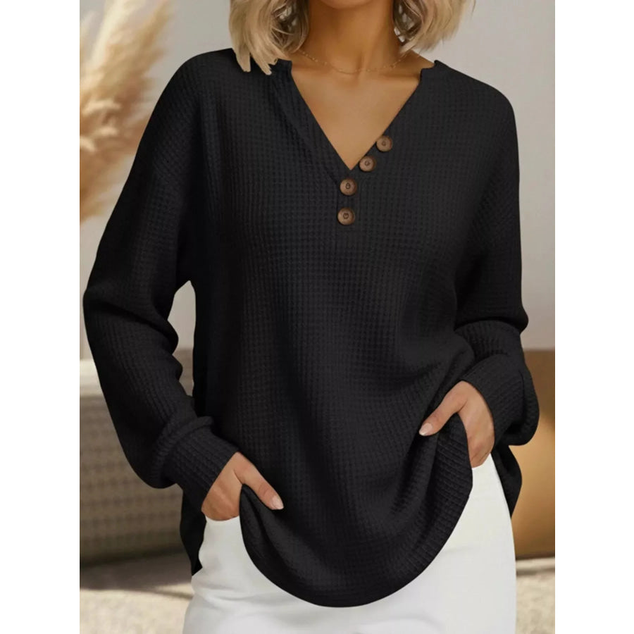 Full Size Casual Waffle Knit Long Sleeve T-Shirt Plus Size Black / S Apparel and Accessories