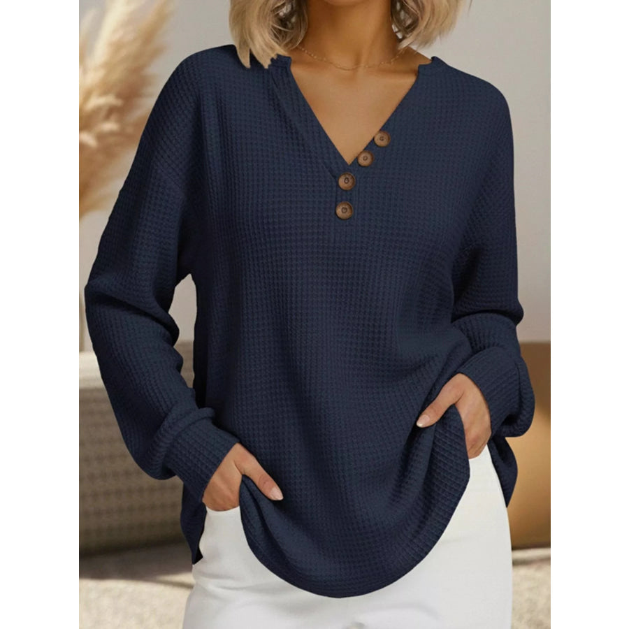 Full Size Casual Waffle Knit Long Sleeve T-Shirt Plus Size Navy / S Apparel and Accessories