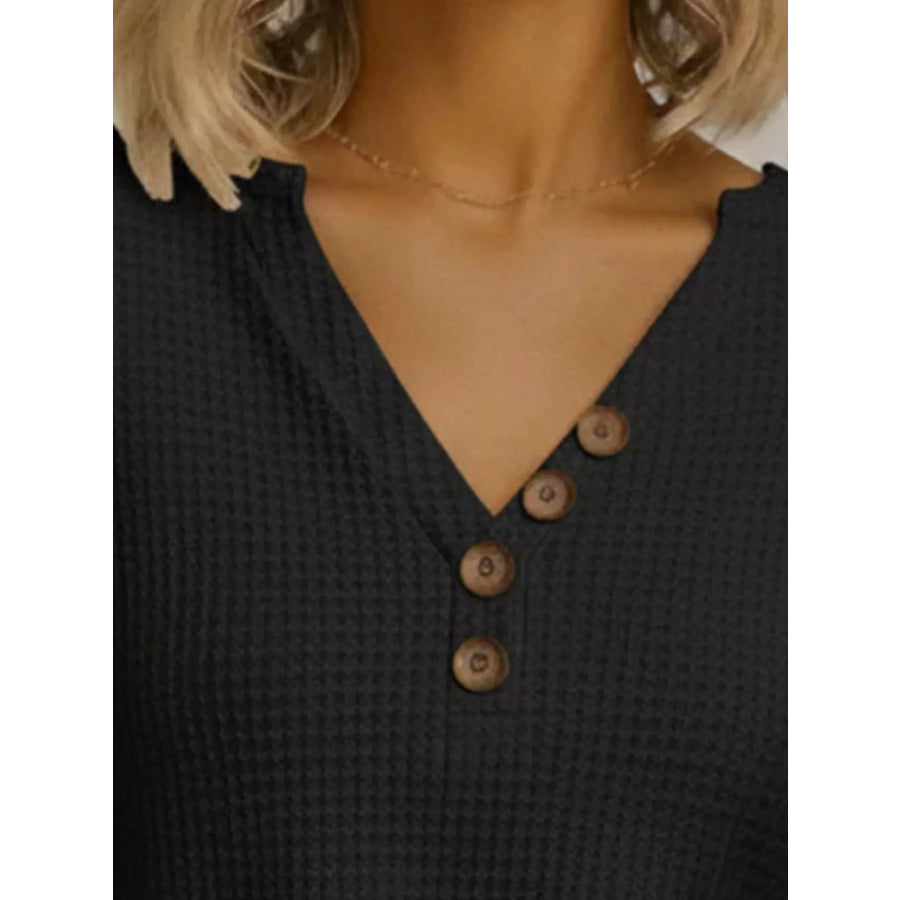 Full Size Casual Waffle Knit V-Neck Long Sleeve T-Shirt Plus Size Apparel and Accessories