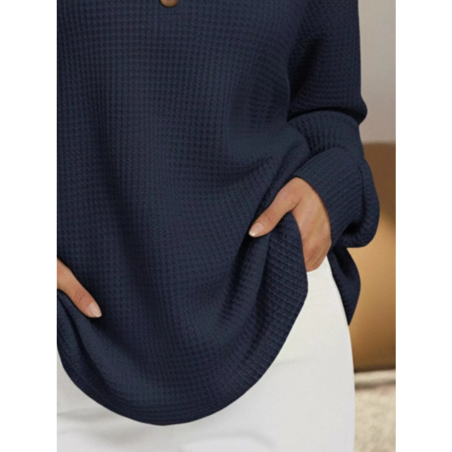 Full Size Casual Waffle Knit V-Neck Long Sleeve T-Shirt Plus Size Apparel and Accessories