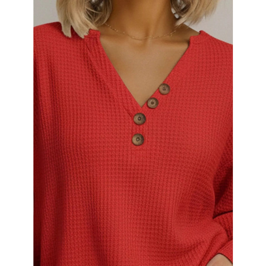Full Size Casual Waffle Knit V-Neck Long Sleeve T-Shirt Plus Size Apparel and Accessories